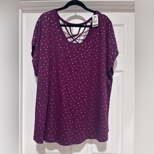 A025- NWT Lane Bryant Purple Gold Dot Criss Cross Back Top Size 26/28